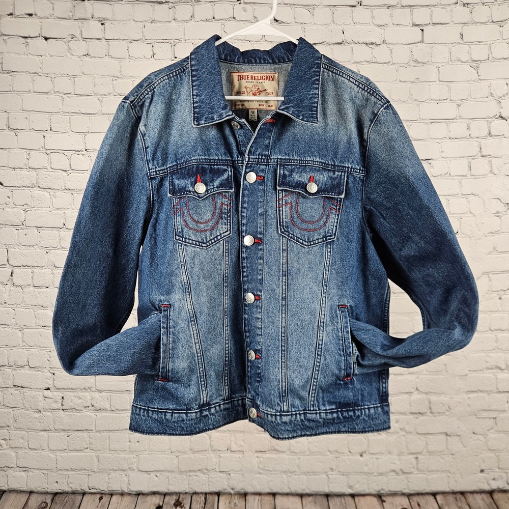 True Religion Mens Denim Jacket Medium Blue Quartz Wash Buddha Print 701133 XL